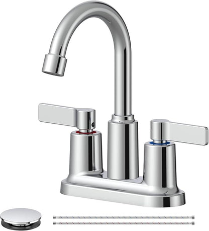 Chrome Bathroom Sink Faucet 3 Hole 4 Inch Centerset Bathroom Faucets | Faucet for Bathroom Sink with Pop Up Drain and 2 Supply Hoses 2 Handle Bathroom Faucet for Sink Vanity RV Evolvegoods
