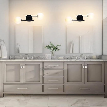 Black Globe Wall Sconces, 2-Light Modern Matte Black Vanity Lights with White Globe Glass Shade, Industrial Farmhouse Wall Lamp for Bedroom, Living Room, Kitchen, Bathroom
