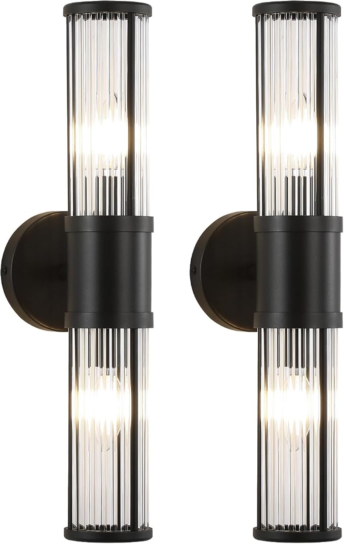 Wall Sconces Set of 2, Farmhouse Vanity Lights Fixtures for Bathroom, 2-Light Modern Bath Wall Mount Lamp with Glass Rods Shade for Hallway, Living Room, Mirror, Kitchen