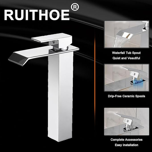 Chrome Bathroom Vessel Sink Faucet, Waterfall Bathroom Faucet, Tall Body 1 Hole Single Handle with Pop Up Drain Without Overflow Combo Vanity Mixer Tap Basin Bowl Sink Polished