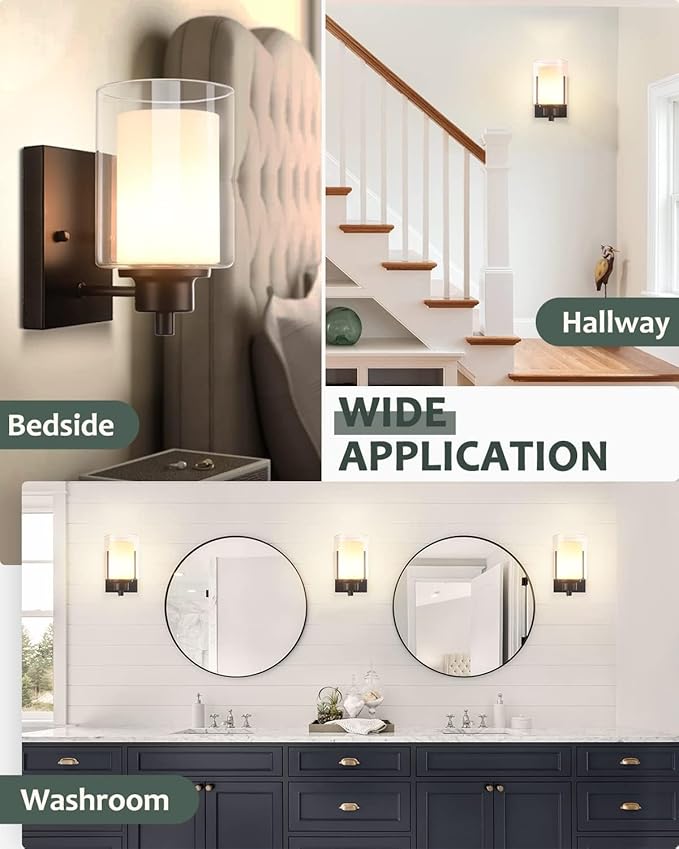 3 Pack Bath Vanity Light Fixtures 1-Light, Indoor Black Wall Light with Dual Glass Shade, Farmhouse Bathroom Wall Scone