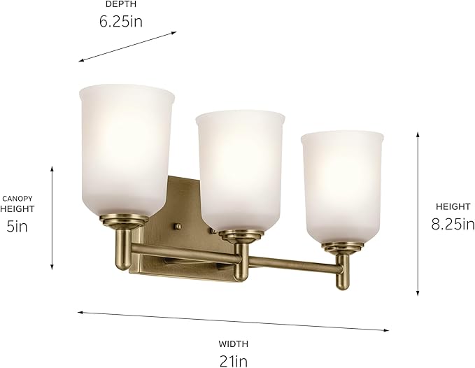 KICHLER Shailene 21" 3-Light Vanity Light with Clear Satin Etched Glass in Natural Brass for Over a Vanity, Updated Traditional Style, (21" x 8.25"), 45574NBR