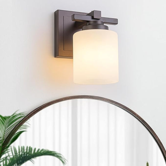 1 Light Modern Bathroom Light Fixtures Over Mirror, Bronze Finish Vanity Lights for Bathroom Wall Sconces with Milky White Glass Shades, E26 Socket (Bulbs Not Included)