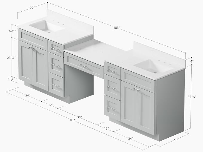 102" Bathroom Vanity with 6 Drawers, Carrara Quartz Top and Ceramic Sink, Shaker Style, Solid Wood Frame, 5 Piece Vanity with 3 Piece Countertop, 103" x 22"x35.25 (Gray)