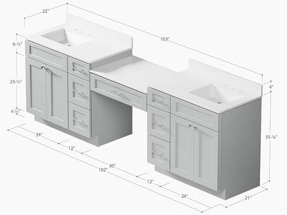 102" Bathroom Vanity with 6 Drawers, Carrara Quartz Top and Ceramic Sink, Shaker Style, Solid Wood Frame, 5 Piece Vanity with 3 Piece Countertop, 103" x 22"x35.25 (Gray)