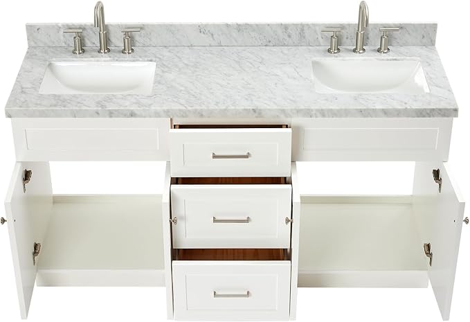 Bradford 66" White Double Bathroom Vanity, 1.5" Edge Italian Carrara Marble Countertop, Rectangular Undermount Sinks, 2 Soft Closing Doors, 3 Dovetail Drawers, Brushed Nickel