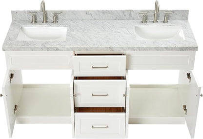 Bradford 66" White Double Bathroom Vanity, 1.5" Edge Italian Carrara Marble Countertop, Rectangular Undermount Sinks, 2 Soft Closing Doors, 3 Dovetail Drawers, Brushed Nickel