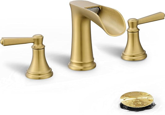 8 Inch Brushed Gold Bathroom Faucet 3 Hole, Brass Waterfall Bathroom Faucets Widespread 2 Handle with Pop up Drain & Pre-Installed cUPC Supply Lines for Vanity, 10 Mins Quick Installation