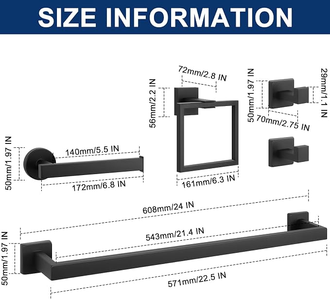 NearMoon 5 Pieces Bathroom Hardware Set 304 Stainless Steel, Square Towel Rack Kit - 24" Towel Rod + Towel Ring + Toilet Paper Holder + 2 Robe Hooks, Wall Mounted Bath Accessories (Matte Black)