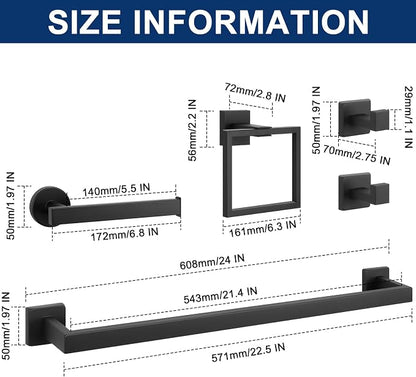 NearMoon 5 Pieces Bathroom Hardware Set 304 Stainless Steel, Square Towel Rack Kit - 24" Towel Rod + Towel Ring + Toilet Paper Holder + 2 Robe Hooks, Wall Mounted Bath Accessories (Matte Black)