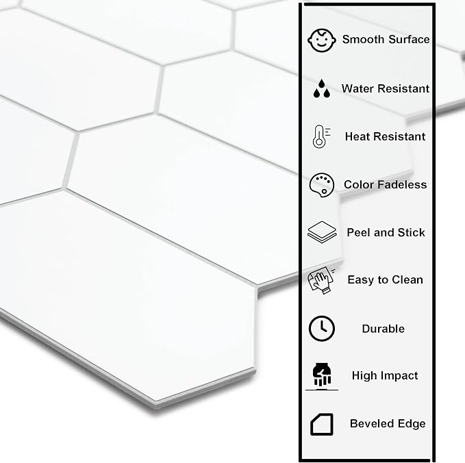 The Tiles Plaza 10-Sheet Peel and Stick Backsplash, 12" x 11.5" White Long Hexagon Self-Adhesive Wall Tile, Stone Composite Stick On Decorative Mosaic Tile for Kitchen Bathroom Fireplace