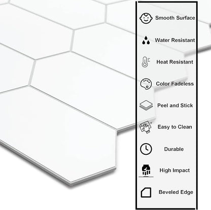 The Tiles Plaza 10-Sheet Peel and Stick Backsplash, 12" x 11.5" White Long Hexagon Self-Adhesive Wall Tile, Stone Composite Stick On Decorative Mosaic Tile for Kitchen Bathroom Fireplace
