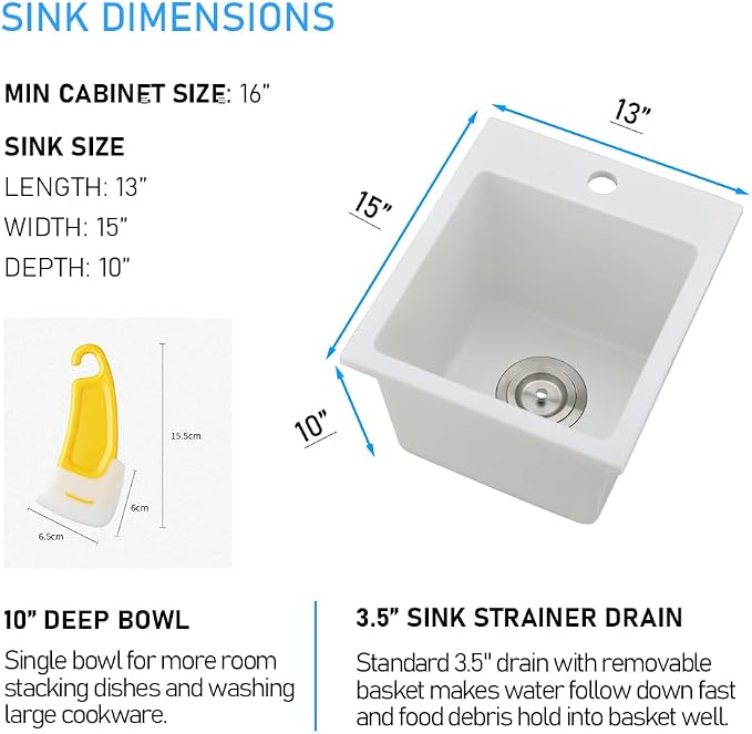 13x15 Inch Drop In Bar Sink, White Granite Composite | Small Drop In Sink RV Wet Bar Prep Sink Quartz Topmount Single Bowl Kitchen Basin with Small Rubber Squeegee