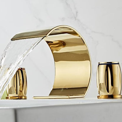 3 Hole Basin Mixer Faucet Waterfall Hot and Cold Water Brass 2 Handles 3 Hole Bathroom Faucets-Grey