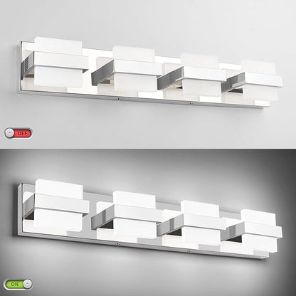 SOLFART Chrome Vanity Light Fixture, Bathroom Light Fixture Over Mirror, 4 Lights Vanity Lighting, Modern LED Bathroom Vanity Lighting, Easy Install Dimmable