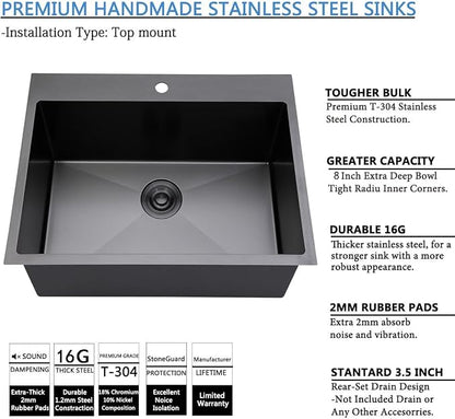 25x22 Inch Black Drop In Kitchen Sink, Top Mount 16 Gauge 304 Stainless Steel 8 Inch Deep Laundry Utility Sink, Gunmetal Black Single Bowl Topmount Overmount Sink