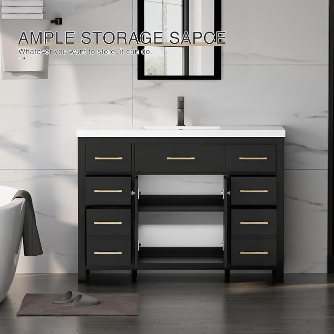 LUCKWIND 48" Modern Bathroom Vanity with Sink Combo, Contemporary Painted Storage Cabinet and Single White Sink, Include Soft-Closing Doors & Matte Black Faucet, Black