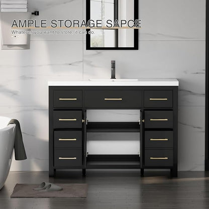 LUCKWIND 48" Modern Bathroom Vanity with Sink Combo, Contemporary Painted Storage Cabinet and Single White Sink, Include Soft-Closing Doors & Matte Black Faucet, Black