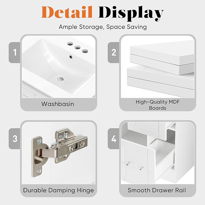 Sweetcrispy 24 Inch Bathroom Vanity with Sink, Bathroom Storage Cabinet | Modern Ceramic Basin Undermount 1-Door 2-Drawer Freestanding Combo Set, Ivory