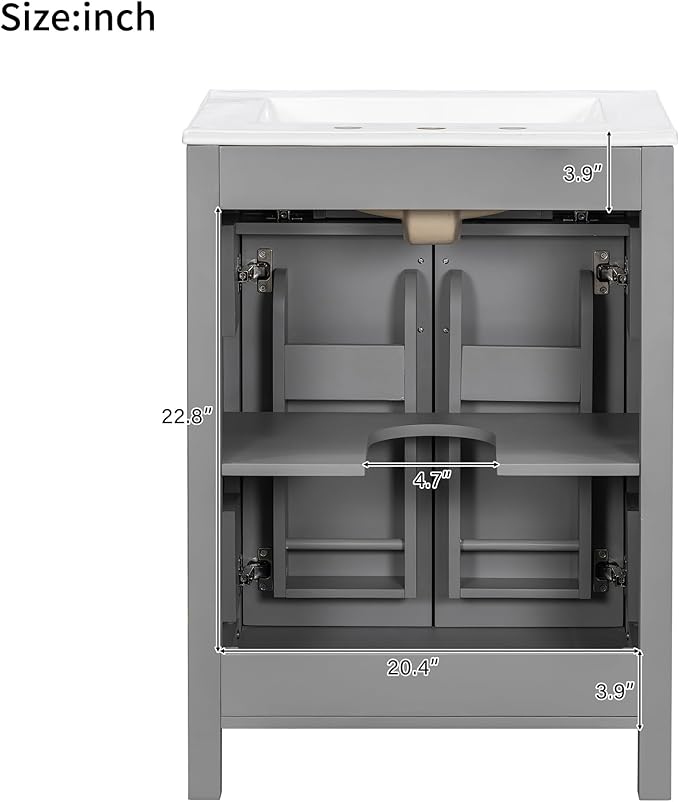 24" Bathroom Vanity with Sink, Modern Bathroom Vanity 24 Inch with Sink, 24 Bathroom Sink Vanity with Flip Drawer, Cabinet and Door Shelves, 24" Vanity with Sink for Bathroom (Grey)