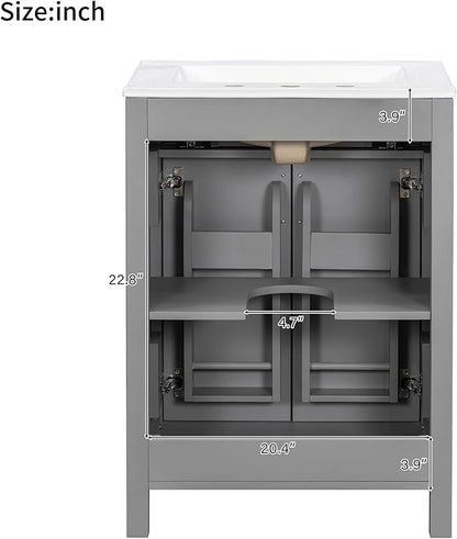24" Bathroom Vanity with Sink, Modern Bathroom Vanity 24 Inch with Sink, 24 Bathroom Sink Vanity with Flip Drawer, Cabinet and Door Shelves, 24" Vanity with Sink for Bathroom (Grey)