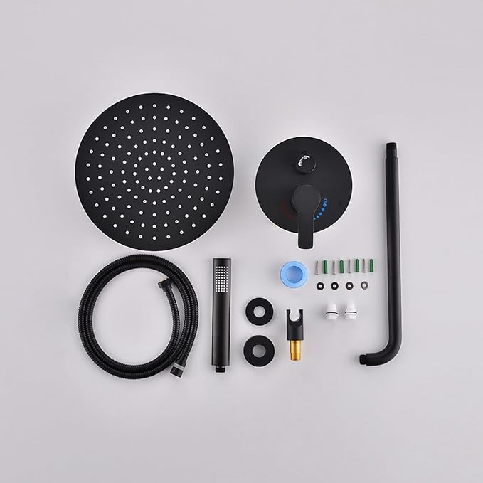 Matte Black Shower Faucet Set, Rain Shower System Contain 10 Inches Rain Shower Head with Handheld, Bathroom Wall Mounted Rainfall Shower Fixture Set(Round Black Shower + Rough Valve)