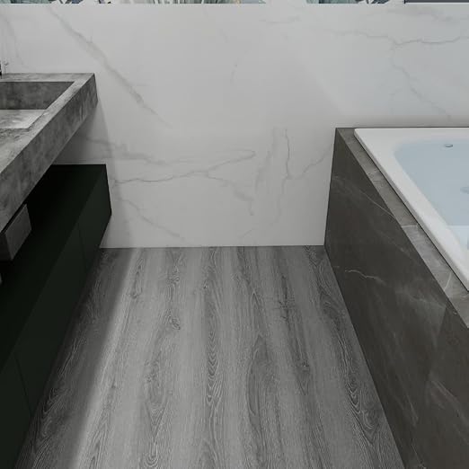 Wood Grain Peel and Stick Floor Tiles, 11.8" W × 394" L, Soft Gray | Soft wood‑look finish, Non‑slip texture, Long rolls reduce seams, Low‑maintenance surface, Budget‑friendly option, Waterproof