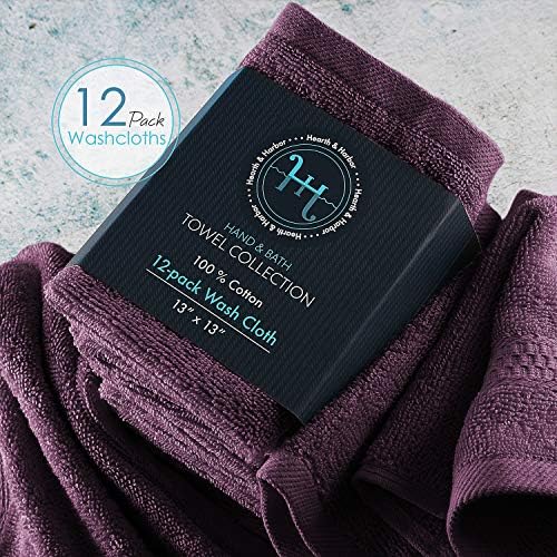 Hearth & Harbor Washcloths 12 Pack - 100% Cotton Washcloth for Body and face, High Absorbent and Soft 13"x13" Body Wash Cloth, Quick Dry - Purple Washcloths