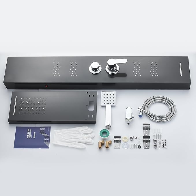 Stainless Steel Shower Panel Tower System with LED Lights, 5 in 1 Shower Panel with Rainfall Waterfall Shower Head, Body Spray, Handheld Shower, Tub Spout (Black)