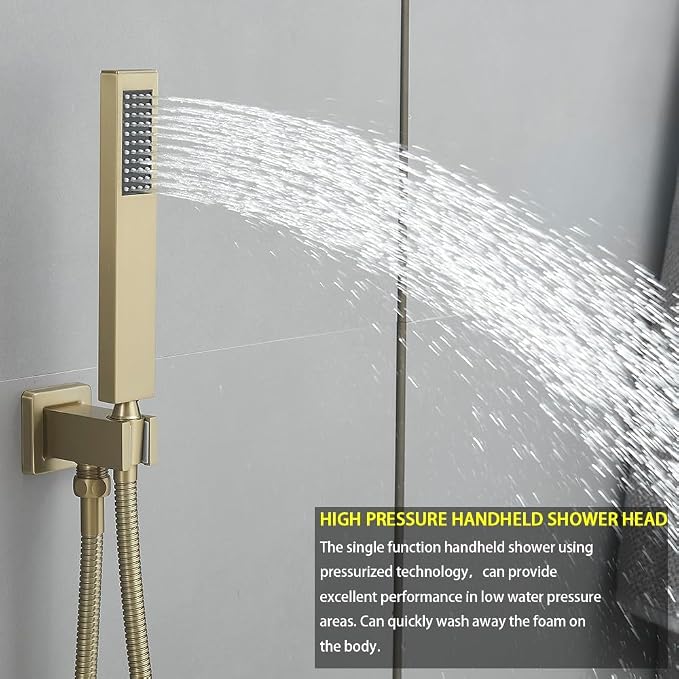 Shower Faucet Set Brushed Gold 12 Inch Wall Mount Rainfall Shower System with 2 Rain Shower Head and Handheld Head Push Button Diverter Shower Trim Kit and Rough-in Valve Body
