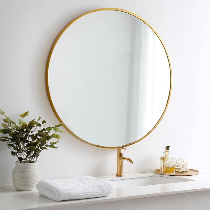 Gold Round Mirror 34 inch, Circle Wall Mirror, Matte Metal Frame | Brushed Gold Metal Frame, High Definition Mirror, Rust-resistant,, Suitable for Bedroom, Hallway, Entryway, Living Room