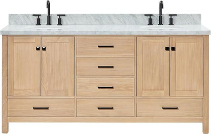 ARIEL Cambridge 72-inch Bathroom Vanity with Sink,Solid Wood, 1.5-inch Italian Carrara Marble Countertop, Double Oval Porcelain Sink, 4 Soft Closing Doors, 6 Dovetail Drawers, White Oak