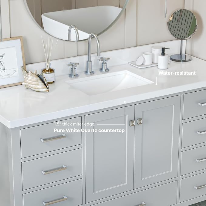 ARIEL Cambridge 60-inch Bathroom Vanity with Sink,Solid Wood, 1.5-inch Pure White Quartz Countertop & Backsplash, Single Rectangular Porcelain Sink, 2 Soft Closing Doors, 9 Dovetail Drawers, Grey