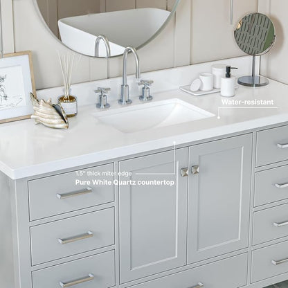 ARIEL Cambridge 60-inch Bathroom Vanity with Sink,Solid Wood, 1.5-inch Pure White Quartz Countertop & Backsplash, Single Rectangular Porcelain Sink, 2 Soft Closing Doors, 9 Dovetail Drawers, Grey