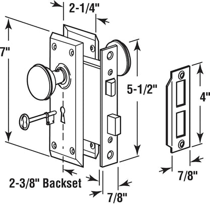 Prime-Line E 2330 Mortise Keyed Lock Set with Satin Nickel Knob – Perfect for Replacing Broken Antique Lock Sets and More, Fits 1-3/8 In.-1-3/4 In. Interior Doors, Satin Nickel (Single Pack)