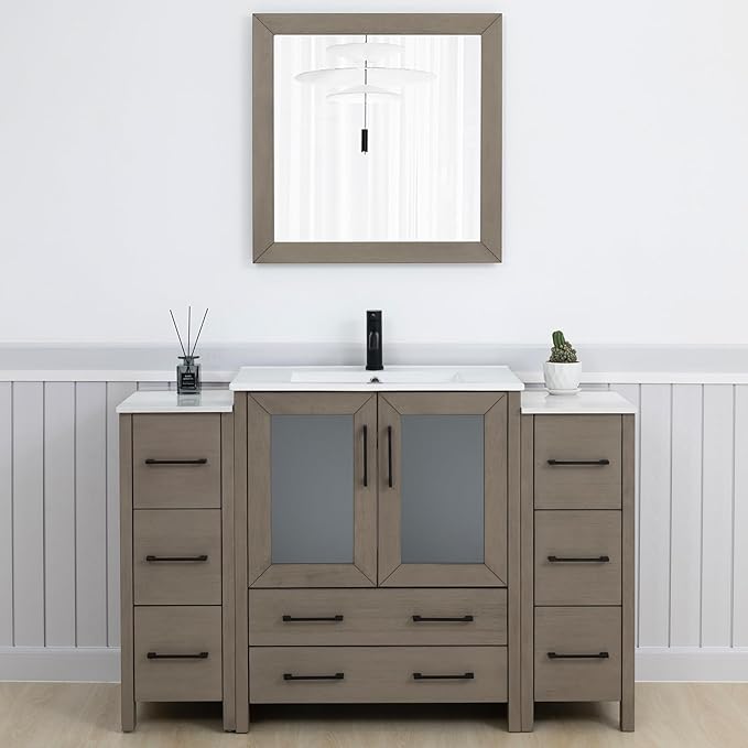 Vanity Art 54 Inch Under Mount Single Sink Bathroom Vanity Cabinet with 1 Mirror, Ceramic Top Bathroom Cabinet Compact Set with 8 Dovetail Storage Drawers and Matte Black Handles, VA3030-54-DG