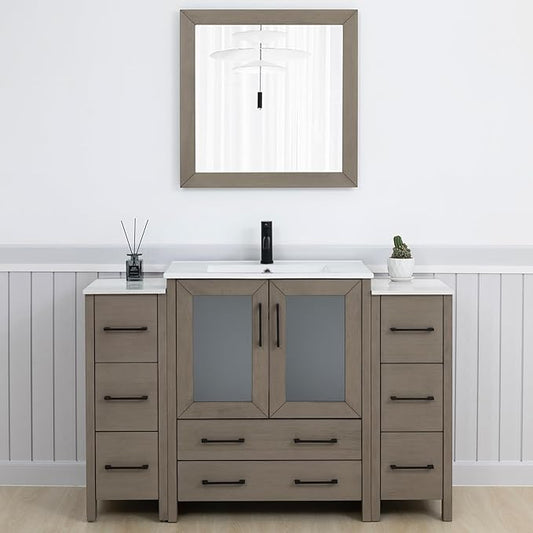 Vanity Art 54 Inch Under Mount Single Sink Bathroom Vanity Cabinet with 1 Mirror, Ceramic Top Bathroom Cabinet Compact Set with 8 Dovetail Storage Drawers and Matte Black Handles, VA3030-54-DG