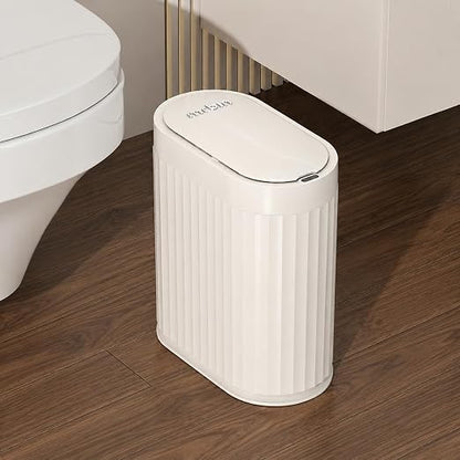 MRBIN Small Trash Can for Bathroom, Automatic Touch Less Garbage Bin with Lid, 2 Gallon Plastic Slim Waste Basket for Office and Kitchen, Electric Motion Sensor Bedroom Bin, Cream White