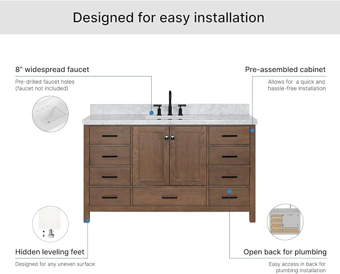 ARIEL Cambridge 60-inch Bathroom Vanity with Sink,Solid Wood, 1.5-inch Italian Carrara Marble Countertop, Single Rectangular Porcelain Sink, 2 Soft Closing Doors, 9 Dovetail Drawers, Brown Oak