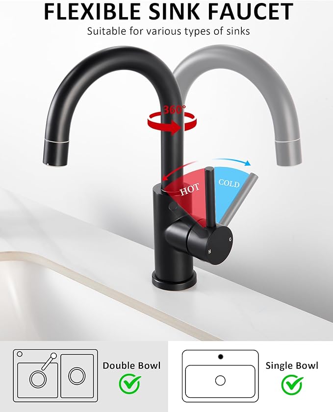 Tohlar Black Bathroom Sink Faucet, Single Hole Bathroom Faucet with Sprayer, RV Vanity Small Kitchen Faucet with 360° Rotation Spout, Matte Black Bar Sink Faucet with Pop Up Drain, 24” Supply Hoses