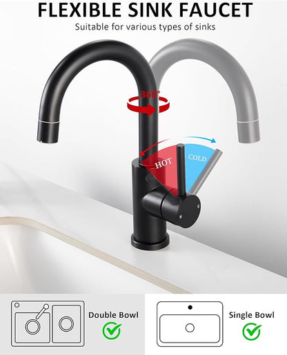 Tohlar Black Bathroom Sink Faucet, Single Hole Bathroom Faucet with Sprayer, RV Vanity Small Kitchen Faucet with 360° Rotation Spout, Matte Black Bar Sink Faucet with Pop Up Drain, 24” Supply Hoses