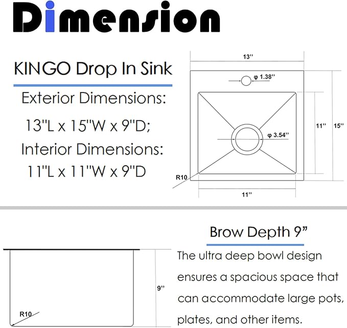 KINGO HOME Black Bar Sink Drop In,13 x 15 Inch Topmount RV 16 Gauge Gunmetal Black Stainless Steel Single Bowl Small Kitchen Sinks,Outdoor Camper Wet Bar Perp Sink with Drain
