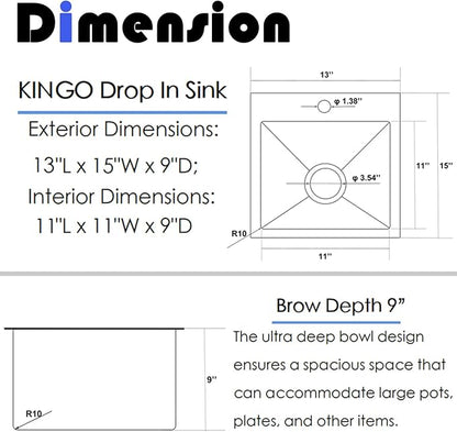 KINGO HOME Black Bar Sink Drop In,13 x 15 Inch Topmount RV 16 Gauge Gunmetal Black Stainless Steel Single Bowl Small Kitchen Sinks,Outdoor Camper Wet Bar Perp Sink with Drain