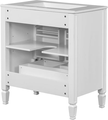 Christopher Knight Home Benton 30" Bathroom Vanity with Ceramic Sink, Rubberwood Frame, Adjustable Shelves, Soft Close Door Hinges, Storage Cabinet with 2-Tier Door Organizer, 1 Drawer, White