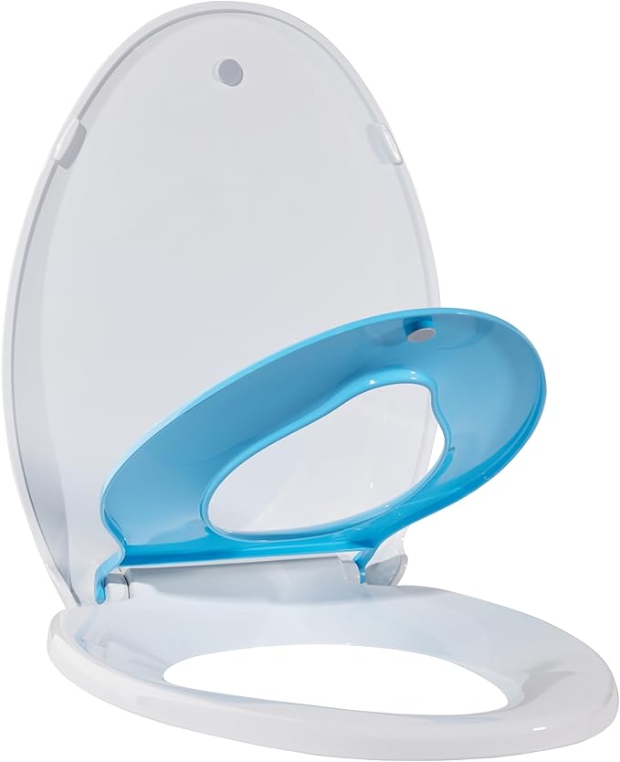 19" Elongated Potty Training Toilet Seat, Built-In Soft Quiet-Close Lid with Magnetic Blue Kids Seat and Non-Slip Design, Easy to Install and Clean