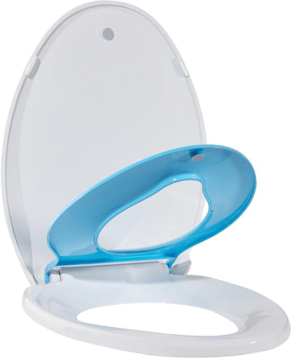 19" Elongated Potty Training Toilet Seat, Built-In Soft Quiet-Close Lid with Magnetic Blue Kids Seat and Non-Slip Design, Easy to Install and Clean