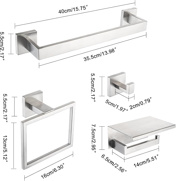 4-Pieces Bathroom Accessories Set, Towel Bar Towel Racks Towel Holder Toilet Paper Holder Stainless Steel Bathroom Hardware Set Wall Mounted Towel Racks for Bathroom, Brushed Nickel, 16 Inch