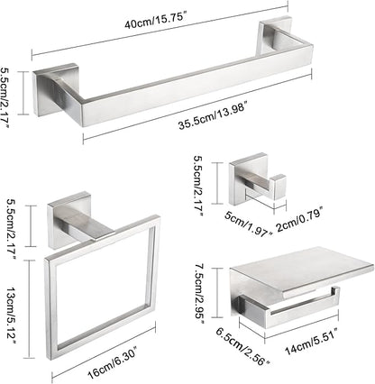 4-Pieces Bathroom Accessories Set, Towel Bar Towel Racks Towel Holder Toilet Paper Holder Stainless Steel Bathroom Hardware Set Wall Mounted Towel Racks for Bathroom, Brushed Nickel, 16 Inch
