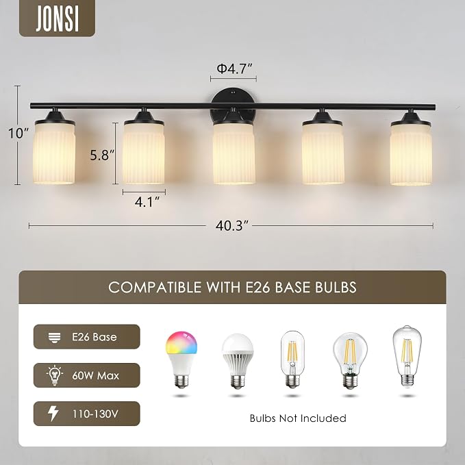 Jonsi Black Bathroom Light Fixtures 5-Light Vanity Lights Modern Wall Sconce with Milk White Shade Brushed Brass Bathroom Light Fixture Over Mirror for Bedroom Hallway Kitchen
