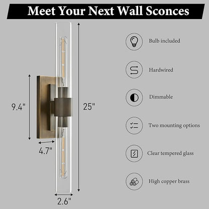 Linear Brass Bathroom Wall Sconce: Set of 2 Antique Modern Vanity Lights | Luxury Dimmable Brushed Gold Sconces, Clear Glass Tube Minimalist Light Fixture for Bedroom Living Room Hallway Indoor Decor